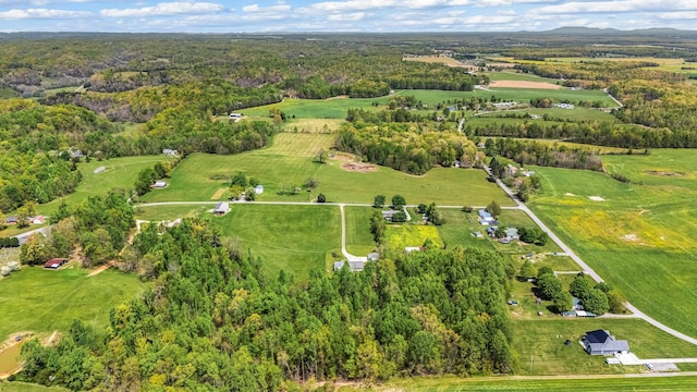 bird's eye view with a wooded view and a rural view