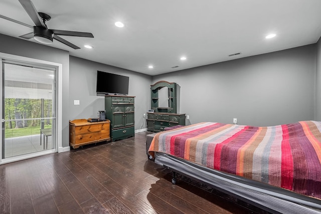 bedroom with recessed lighting, visible vents, dark wood-style floors, and access to exterior