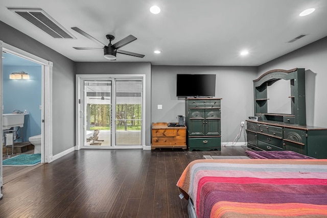 bedroom with baseboards, visible vents, and access to outside