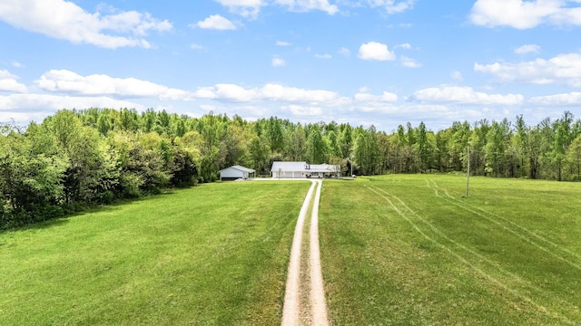 drone / aerial view with a wooded view