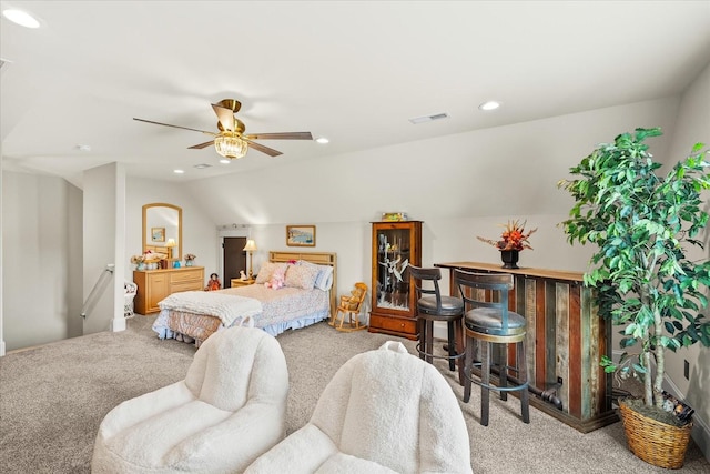 bedroom with recessed lighting, carpet, visible vents, and a dry bar