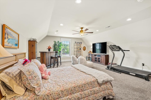 carpeted bedroom with recessed lighting, vaulted ceiling, and visible vents