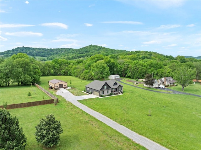 bird's eye view featuring a rural view and a view of trees