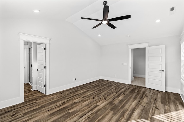 unfurnished bedroom with lofted ceiling, dark wood-style flooring, visible vents, and recessed lighting