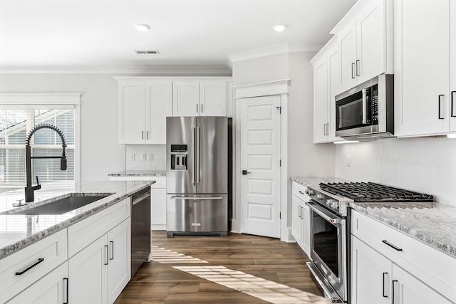 kitchen with white cabinets, a sink, visible vents, high end appliances, and dark wood-type flooring