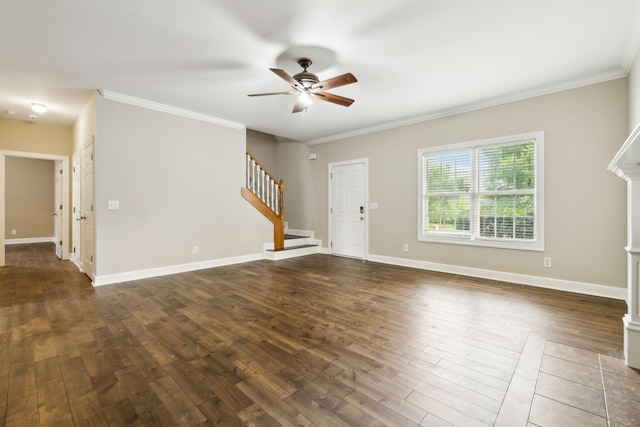 436 Conquest Rd N, Murfreesboro, TN 37128 - unfurnished living room featuring a ceiling fan, stairs, dark wood-style flooring, ornamental molding, and baseboards