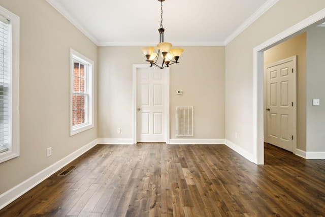 436 Conquest Rd N, Murfreesboro, TN 37128 - unfurnished dining area with a chandelier, dark wood-style flooring, ornamental molding, and baseboards