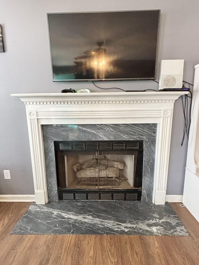 details with a fireplace with flush hearth, baseboards, and wood finished floors