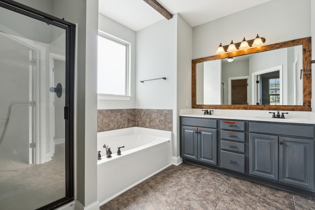 bathroom with a garden tub, a sink, and a wealth of natural light