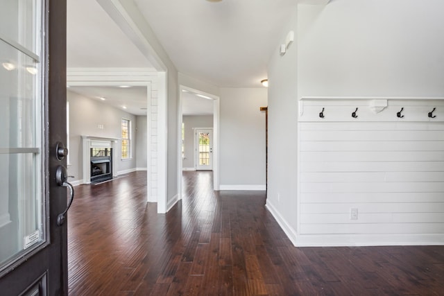 foyer entrance with baseboards, dark wood-style floors, and a fireplace