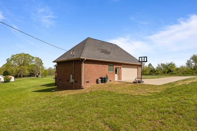 view of home's exterior with central AC, driveway, a shingled roof, a yard, and brick siding