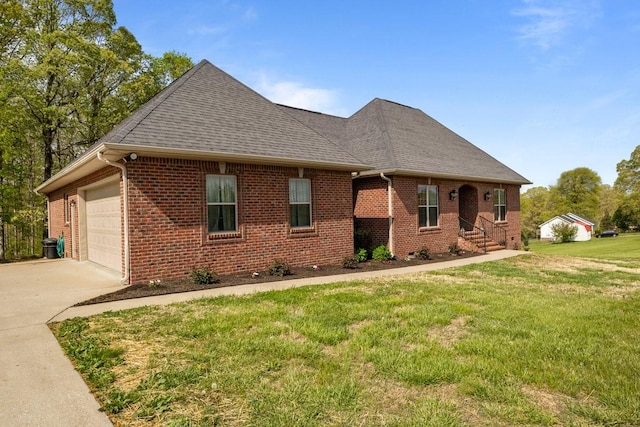 view of front of property with a front lawn, driveway, brick siding, a garage, and a shingled roof