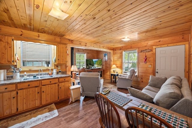 living room with light wood-style flooring, wood walls, and wood ceiling