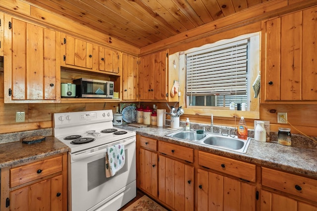 kitchen featuring wooden walls, wooden ceiling, a sink, stainless steel microwave, and white range with electric cooktop