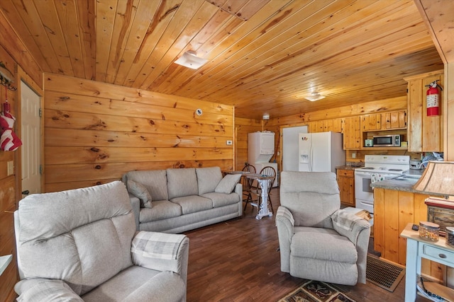 living room with dark wood-type flooring, wooden walls, and wood ceiling