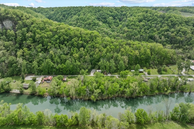 drone / aerial view featuring a water view and a wooded view