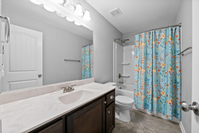 bathroom featuring toilet, shower / bath combo with shower curtain, vanity, and visible vents