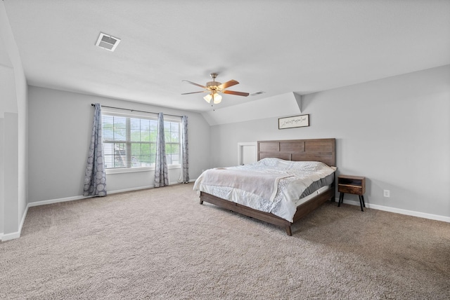 bedroom with ceiling fan, baseboards, carpet flooring, and visible vents