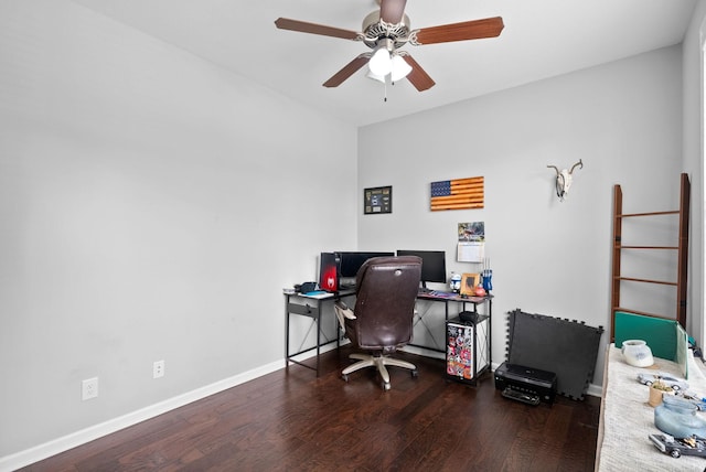 office area featuring baseboards, a ceiling fan, and wood finished floors