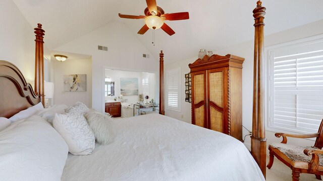 1100 Cypress Rd, Buchanan, TN 38222 - bedroom featuring ceiling fan, visible vents, high vaulted ceiling, and ensuite bathroom