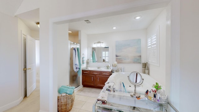 1100 Cypress Rd, Buchanan, TN 38222 - full bath with a stall shower, vanity, tile patterned flooring, visible vents, and recessed lighting