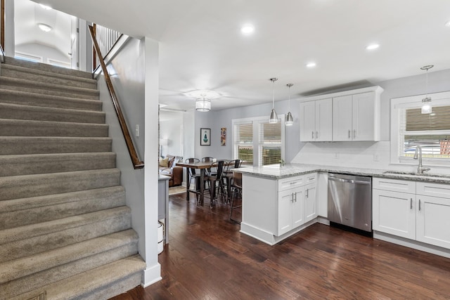 kitchen with stainless steel dishwasher, a sink, plenty of natural light, a peninsula, and dark wood-style floors