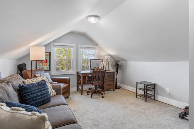 office featuring vaulted ceiling, baseboards, and carpet floors