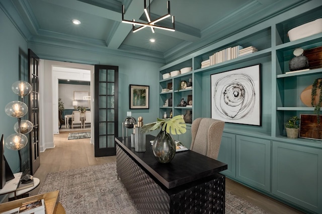 7247 Murrel Dr, Franklin, TN 37064 - office area featuring wood finished floors, ornamental molding, beam ceiling, a chandelier, and built in features