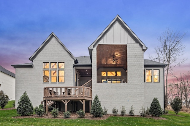 7247 Murrel Dr, Franklin, TN 37064 - back of property featuring board and batten siding, ceiling fan, brick siding, and a wooden deck