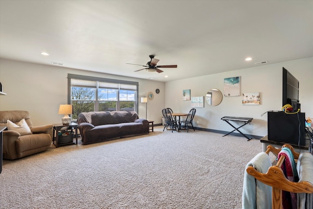 3181 Old Lebanon Dirt Rd, Mount Juliet, TN 37122 - living area with visible vents, carpet floors, recessed lighting, and ceiling fan