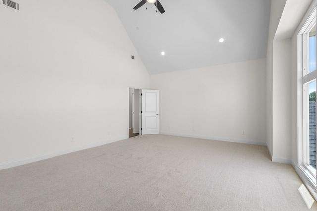463 Centre St, Pleasant View, TN 37146 - unfurnished room featuring high vaulted ceiling, ceiling fan, light carpet, and visible vents