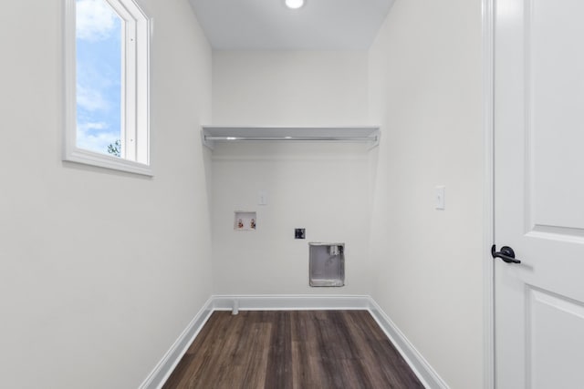 463 Centre St, Pleasant View, TN 37146 - clothes washing area with laundry area, dark wood-type flooring, baseboards, electric dryer hookup, and washer hookup
