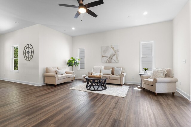 463 Centre St, Pleasant View, TN 37146 - living area featuring ceiling fan, baseboards, dark wood-style flooring, and recessed lighting