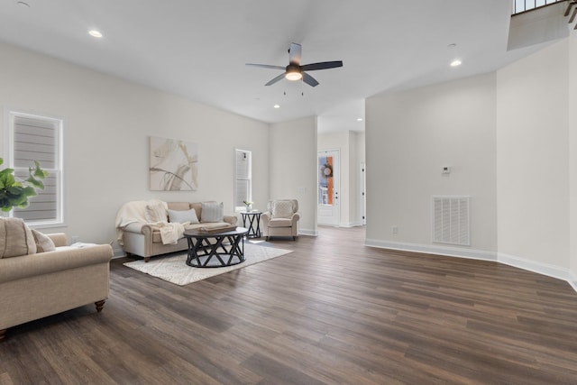 463 Centre St, Pleasant View, TN 37146 - living area with recessed lighting, visible vents, a ceiling fan, dark wood-type flooring, and baseboards