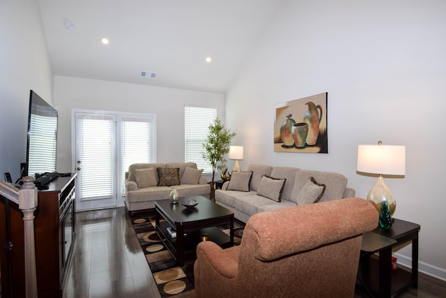 living room with baseboards, recessed lighting, visible vents, high vaulted ceiling, and dark wood-type flooring