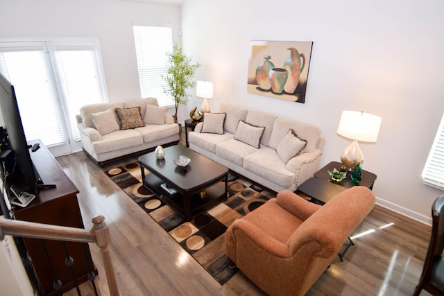 living area featuring plenty of natural light, baseboards, and wood finished floors