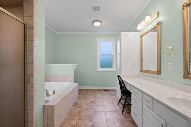 full bath featuring a shower stall, a garden tub, vanity, ornamental molding, and visible vents