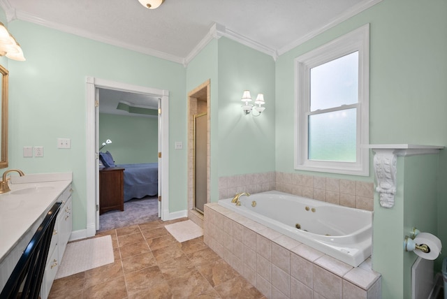 full bath with vanity, a stall shower, a tub with jets, ensuite bath, and ornamental molding