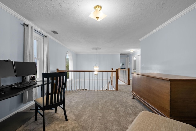 carpeted home office with visible vents, a textured ceiling, and crown molding