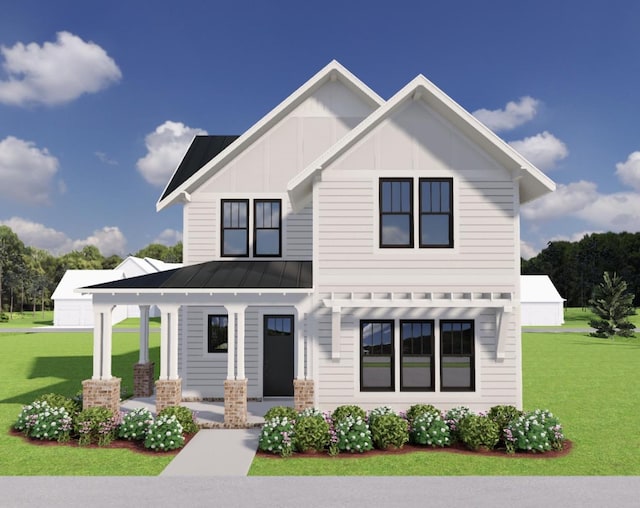 view of front of home with a porch, board and batten siding, a front yard, and a standing seam roof