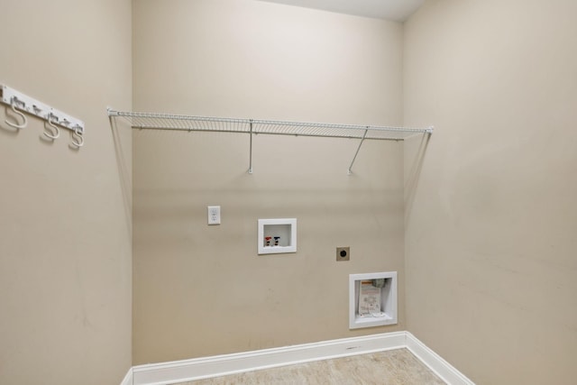 laundry room featuring hookup for an electric dryer, washer hookup, baseboards, and laundry area