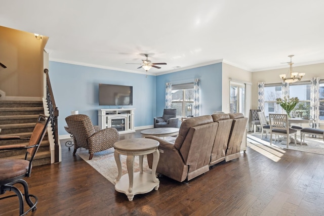 living area featuring dark wood-style flooring, baseboards, ceiling fan with notable chandelier, stairway, and ornamental molding