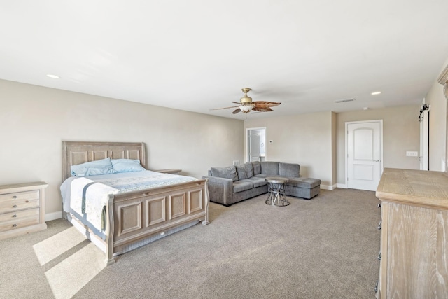bedroom featuring visible vents, carpet flooring, recessed lighting, and ceiling fan