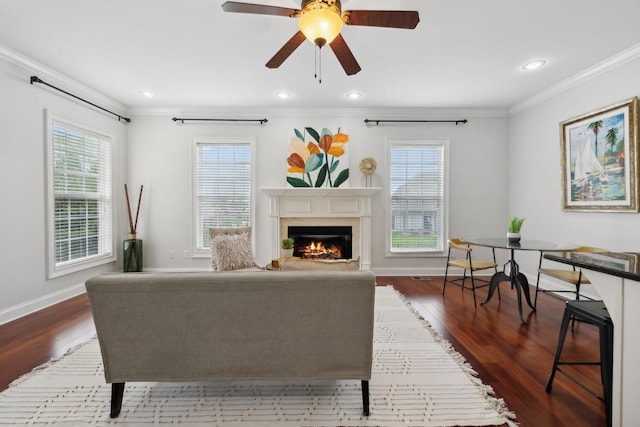 132 Thornwood Pl, Hendersonville, TN 37075 - living area with dark wood finished floors, crown molding, and a fireplace