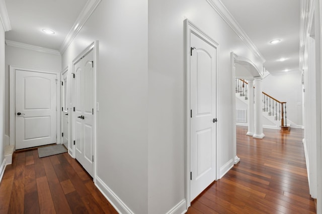 132 Thornwood Pl, Hendersonville, TN 37075 - hall with recessed lighting, dark wood finished floors, stairway, crown molding, and baseboards