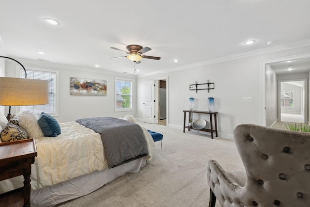 132 Thornwood Pl, Hendersonville, TN 37075 - bedroom featuring light carpet, recessed lighting, ornamental molding, and ceiling fan