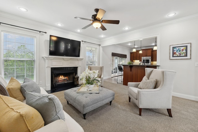 132 Thornwood Pl, Hendersonville, TN 37075 - living room with a fireplace with flush hearth, crown molding, a ceiling fan, and baseboards