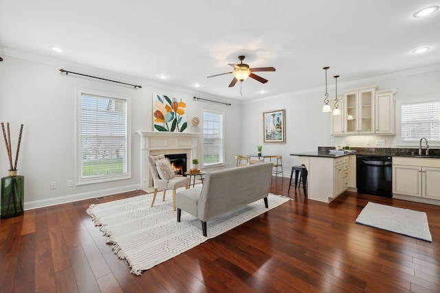 132 Thornwood Pl, Hendersonville, TN 37075 - living room featuring a ceiling fan, recessed lighting, a lit fireplace, and dark wood finished floors