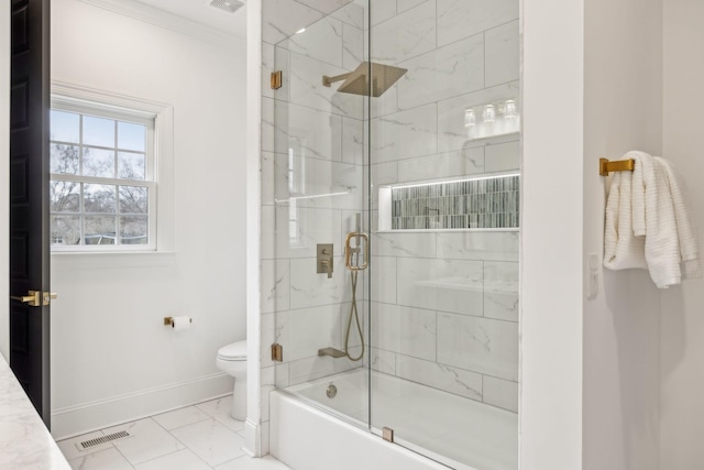 bathroom featuring marble finish floor, visible vents, toilet, ornamental molding, and baseboards