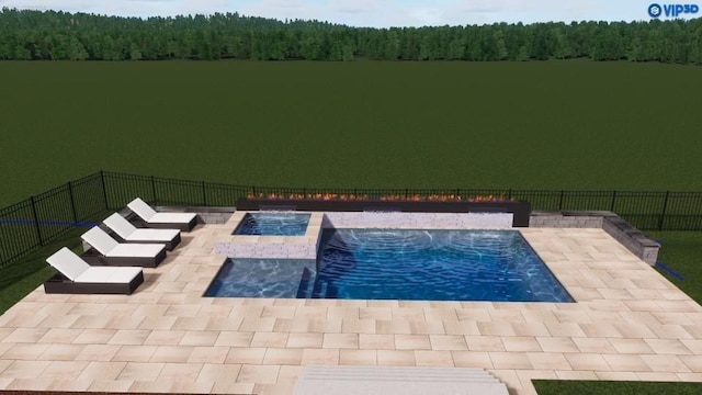 view of swimming pool with fence, a patio area, a fenced in pool, and a forest view